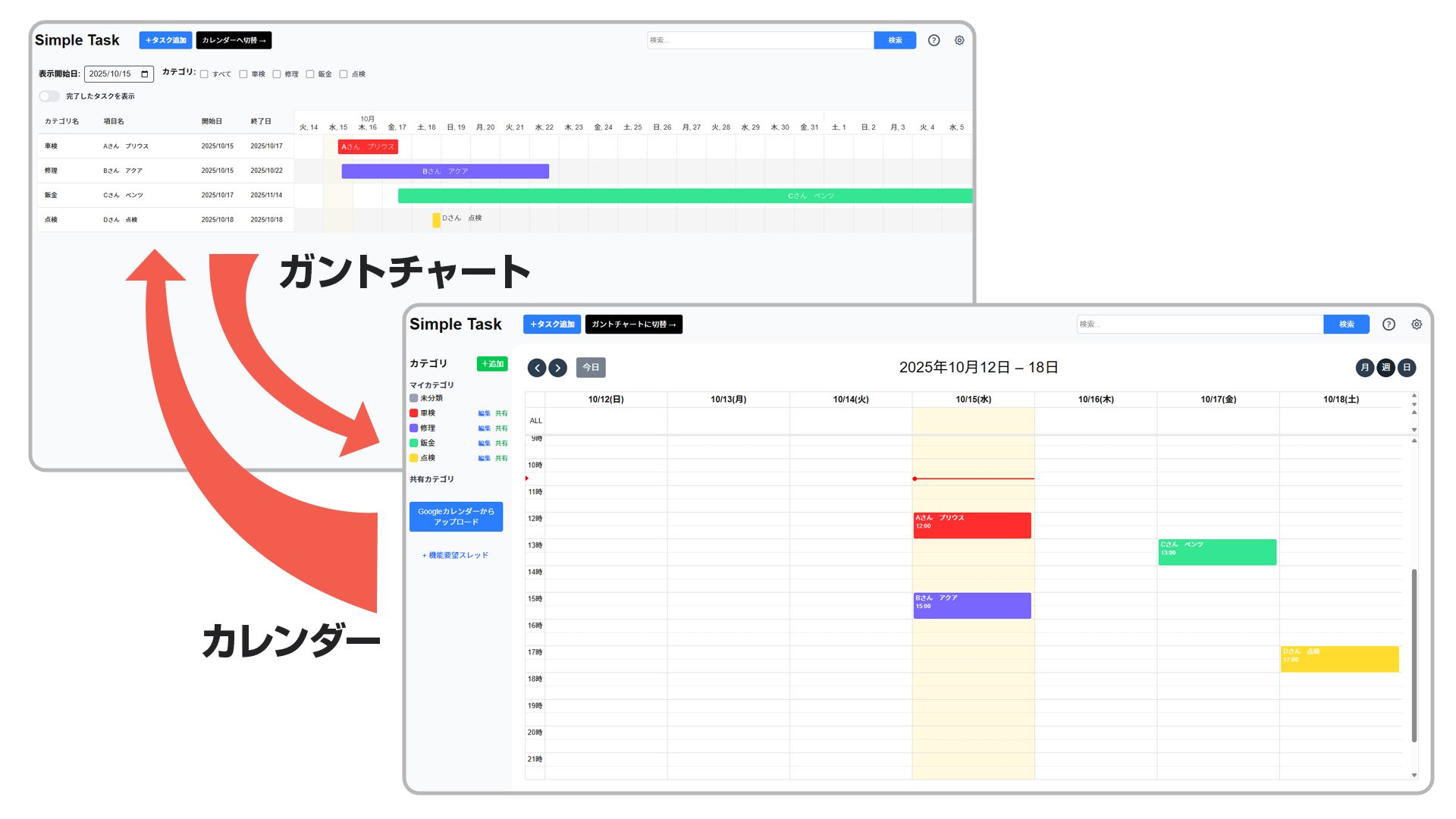 カレンダーとガントチャートが連携しているアプリのイメージ画像